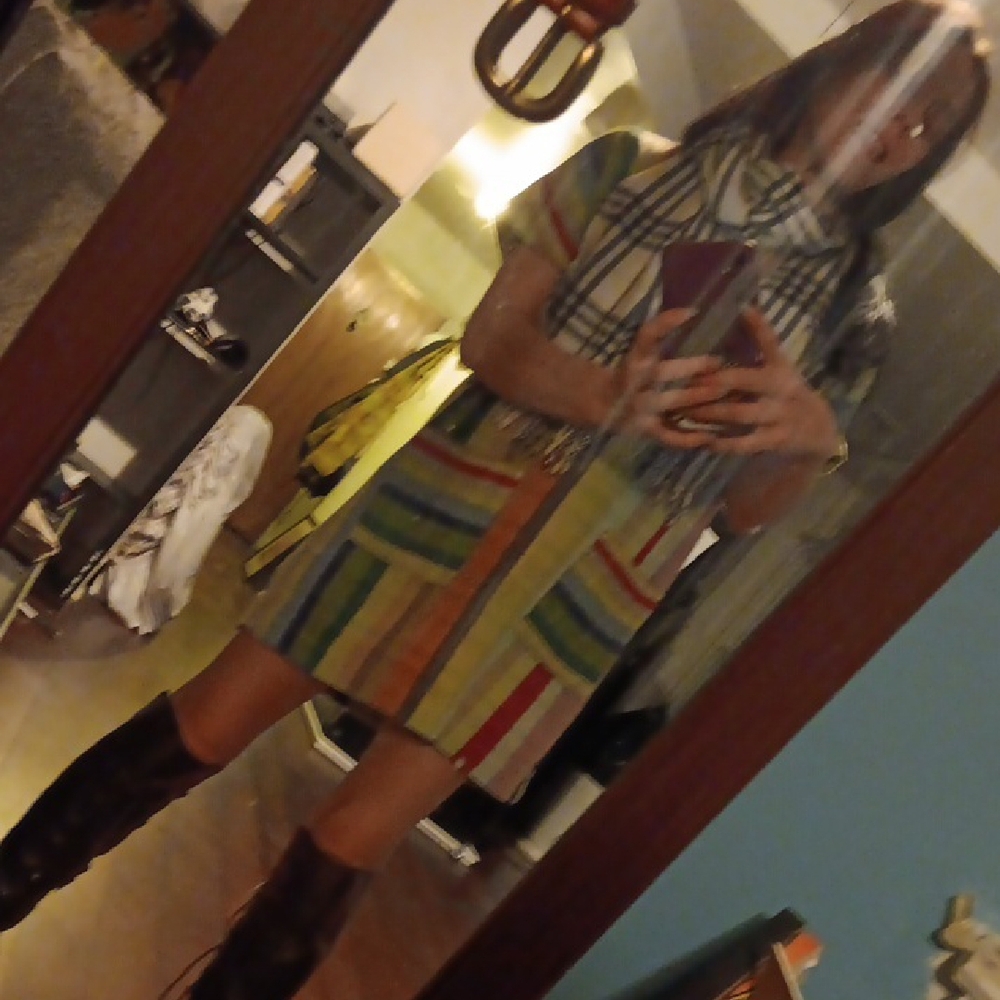 "WARM" Multicolor STRIPED Dress Also Shown W Grain Leather Belt Sold Seperately - Picture 3 of 13